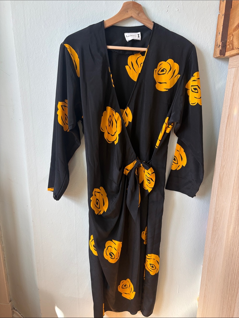 Source Unknown Black Wrap Dress with Mustard Yellow Rose Print